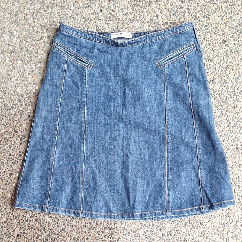 Vintage Y2k Tommy Hilfiger Blue Denim Welt Pocket Skirt Size XL